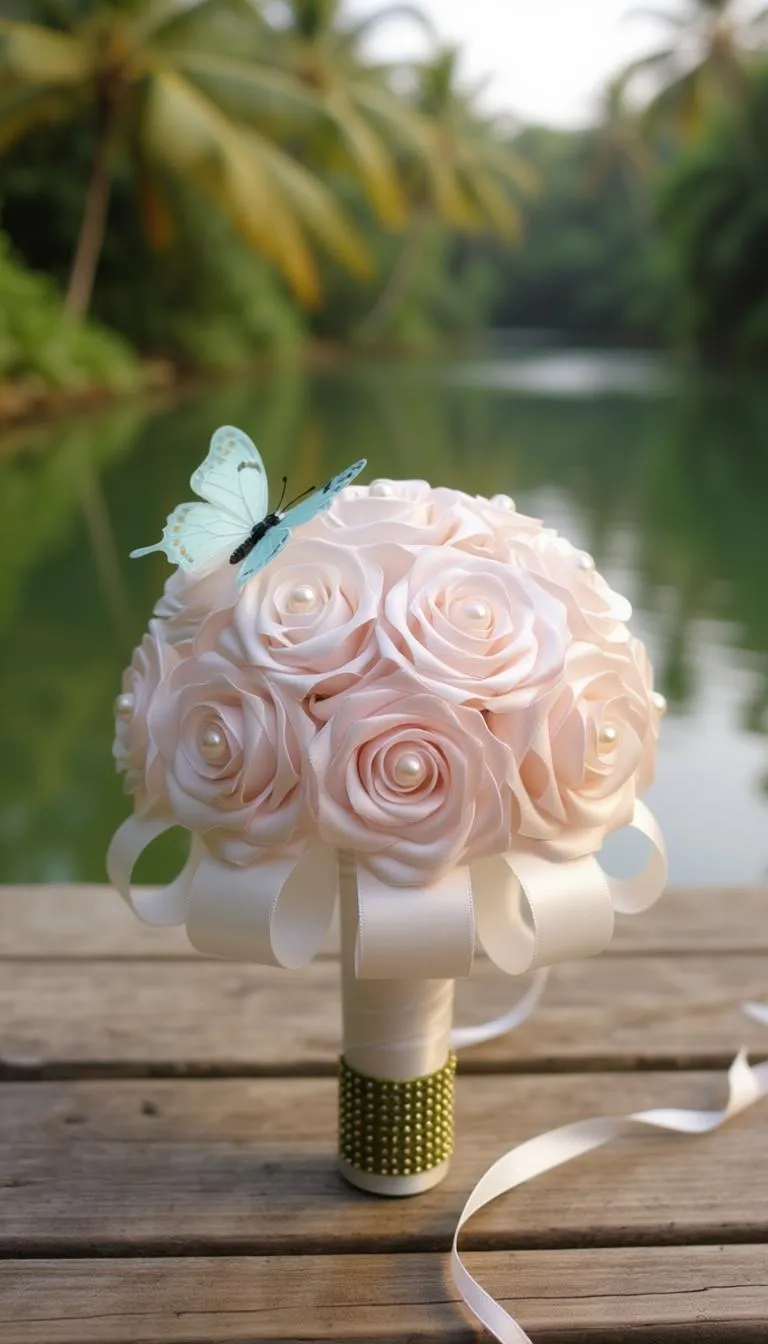 Handmade satin-petal blush rose bouquet with pearl centers and ribbon-wrapped handle, styled outdoors by the water.