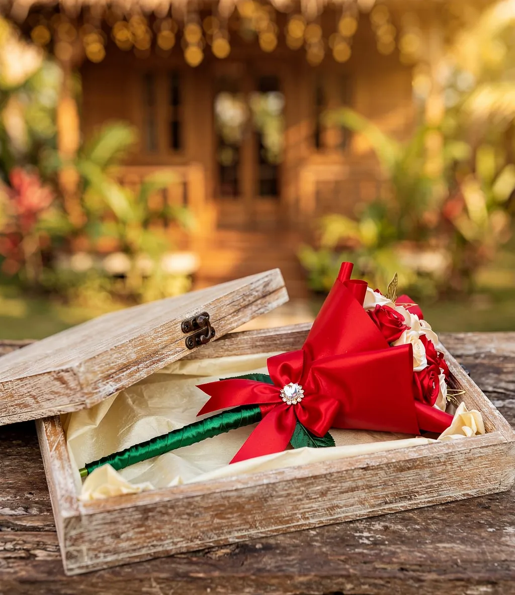 Red and ivory satin-rose bouquet tied with a red bow presented in a rustic wooden box.