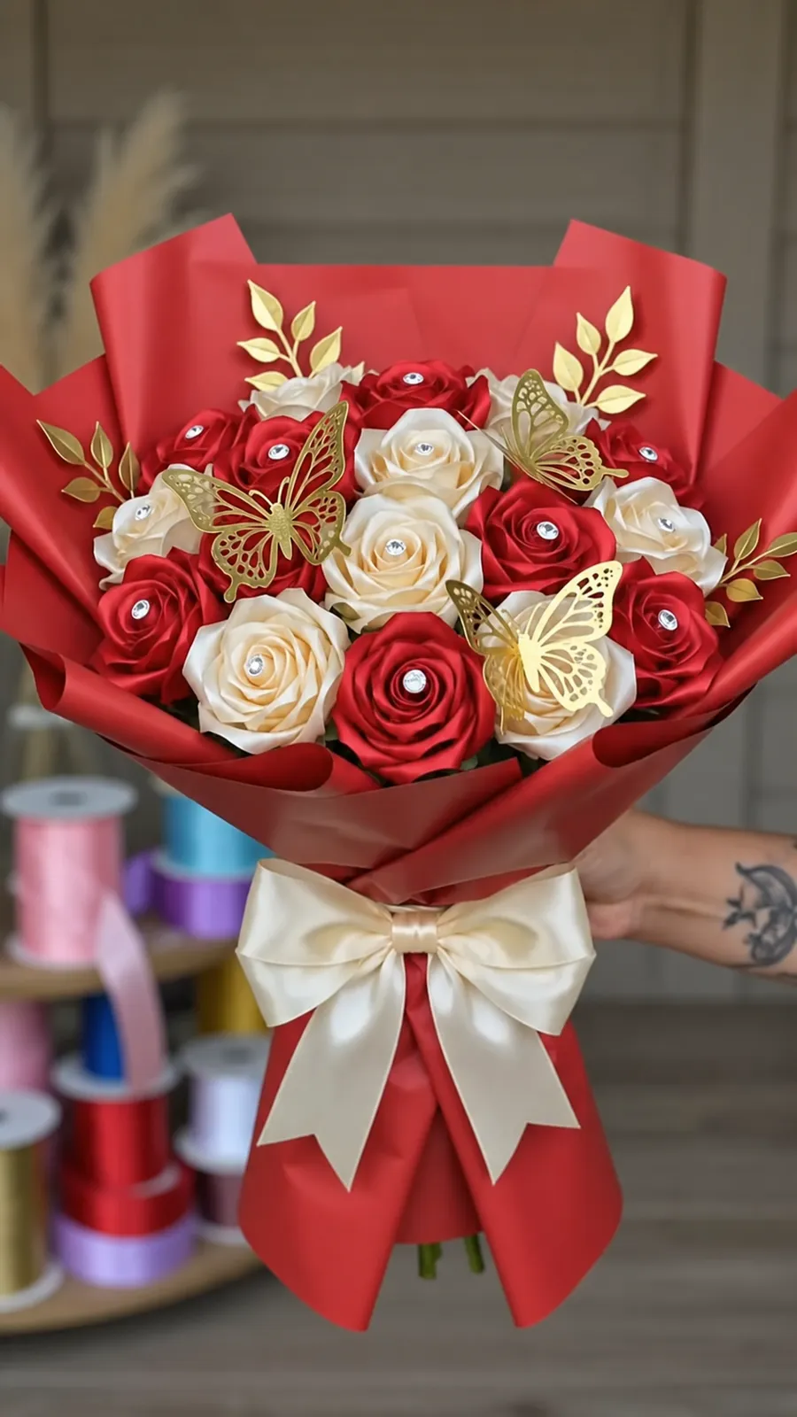 Hand-tied bouquet of red and cream satin roses with gold butterfly accents wrapped in red paper with a cream satin bow.