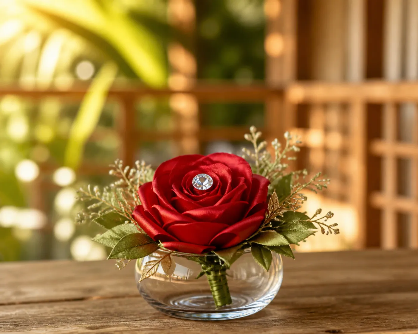 A single red satin rose with a jeweled center and green foliage in a low glass vase on a wooden table.