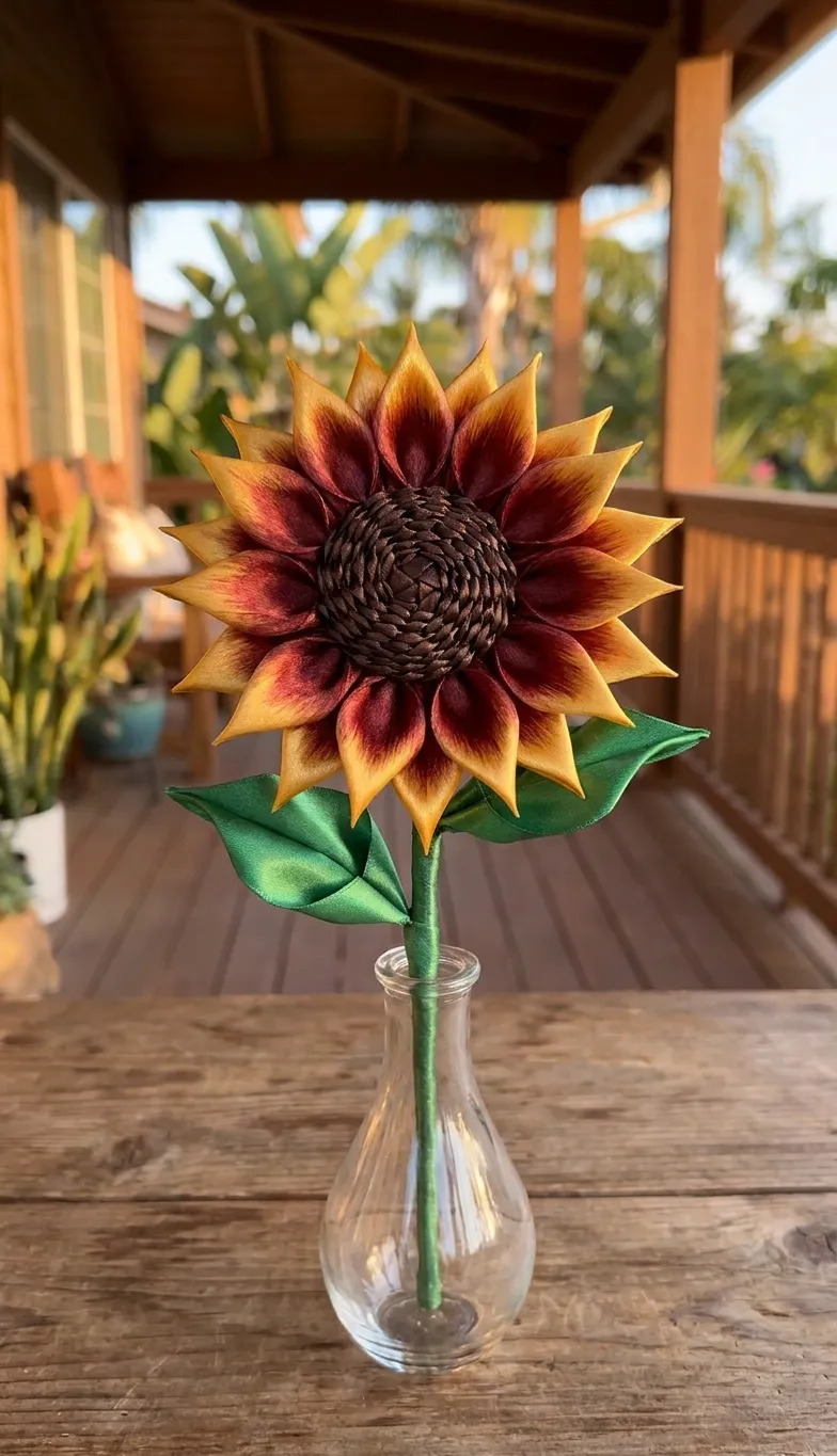 Single handmade satin sunflower in a glass vase with warm yellow and burgundy petals and green leaves.