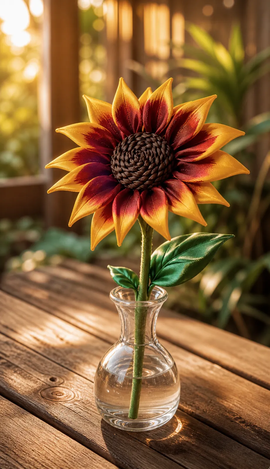 A single handmade satin-ribbon sunflower in warm yellow and maroon displayed in a small glass vase on a sunlit wooden table.