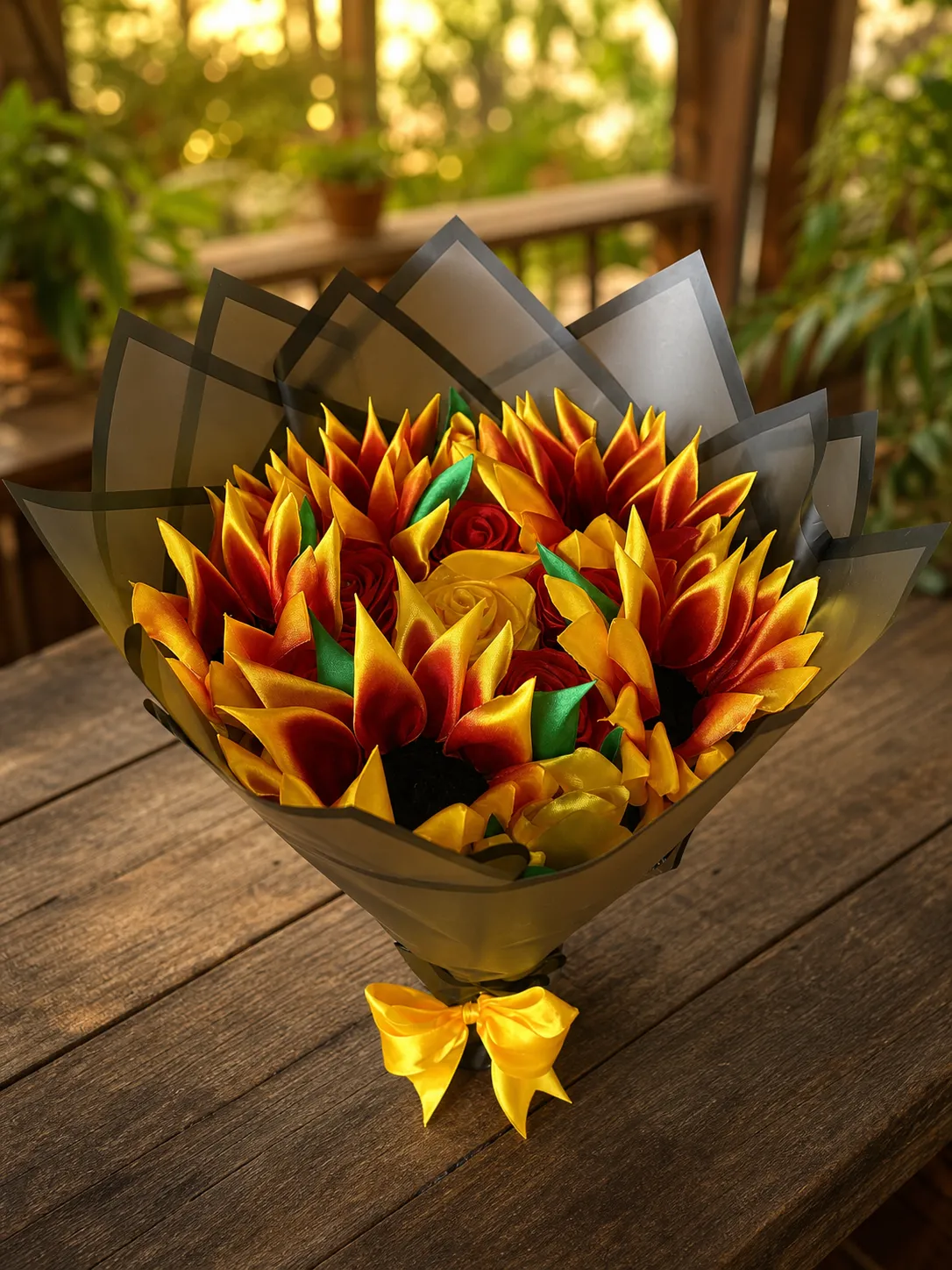 Bright yellow and red satin-ribbon sunflowers and roses arranged in a wrapped bouquet tied with a yellow bow.