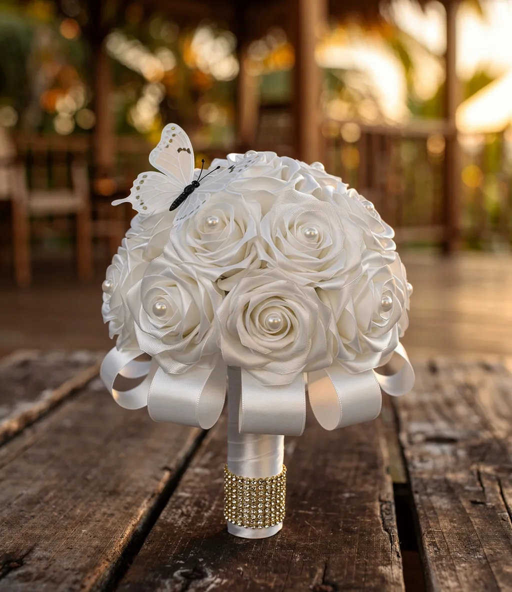 White satin-ribbon rose bridal bouquet with pearl centers, a gold-wrapped handle and a small decorative butterfly.