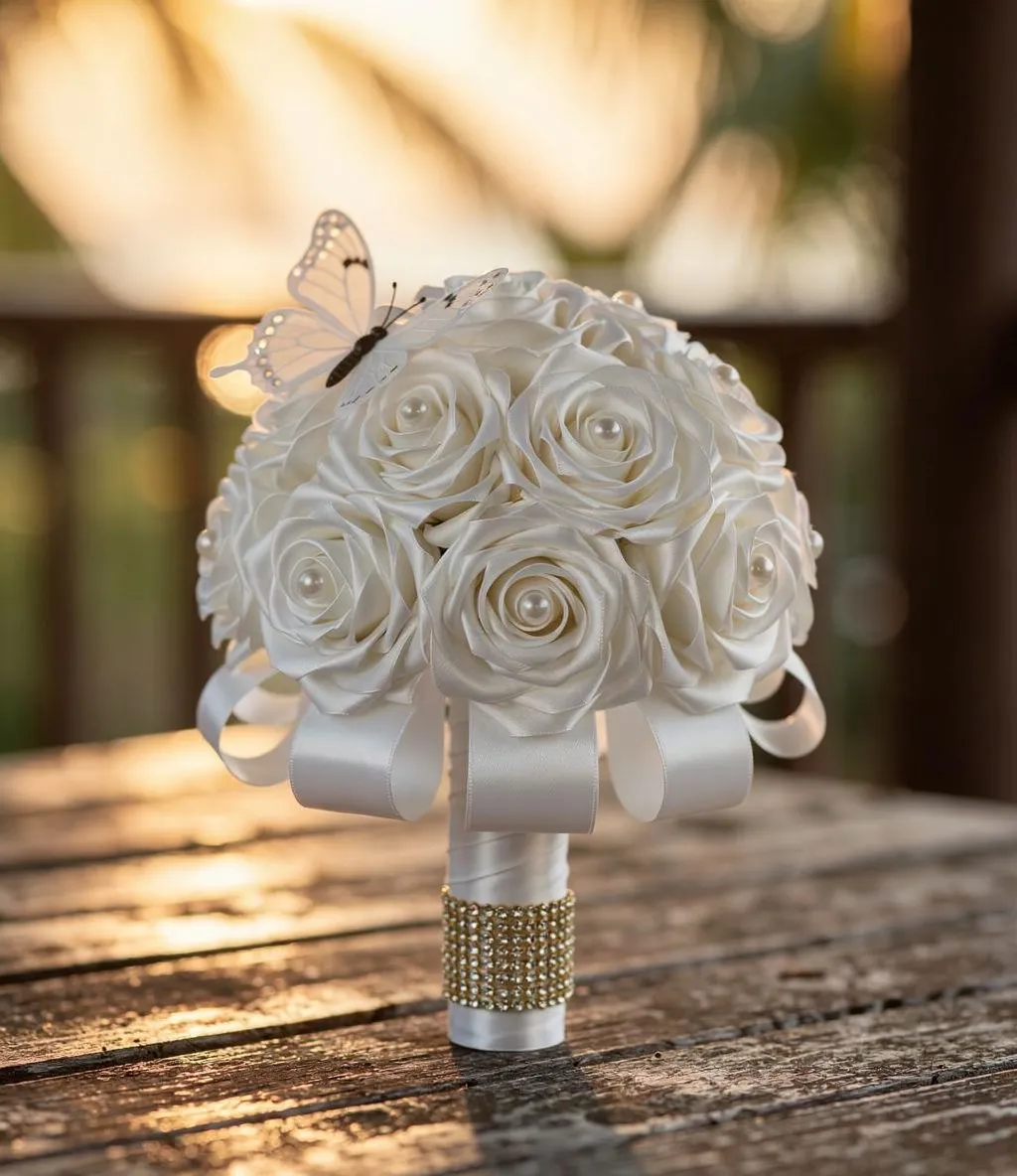 Handheld white satin-rose bouquet with pearl centers, gold banded handle and decorative butterfly.